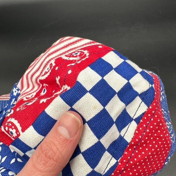 Vintage Hat 1970s Patriotic Patchwork Cap Red White Blue Retro Patriotic 7 1/8 - Picture 7 of 8